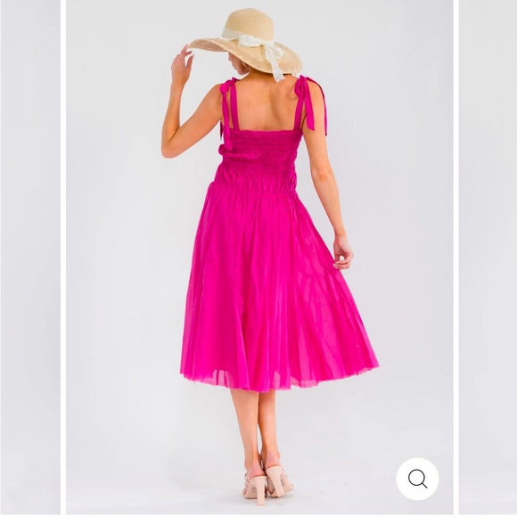 NWT 100% Cotton Tie-Shoulder Midi Dress in Bright Pink - Picture 2 of 8